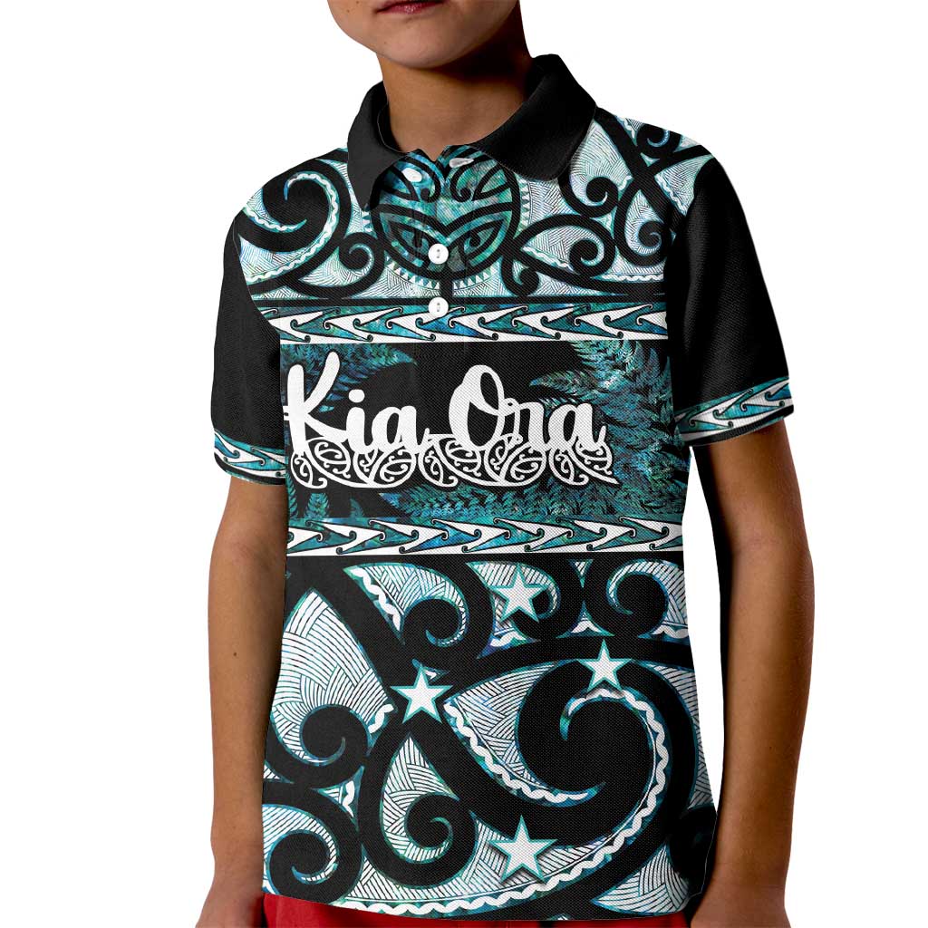 Kia Ora New Zealand Kid Polo Shirt Aotearoa Proud Maori Paua Shell Silver Fern LT14 Kid Black - Polynesian Pride