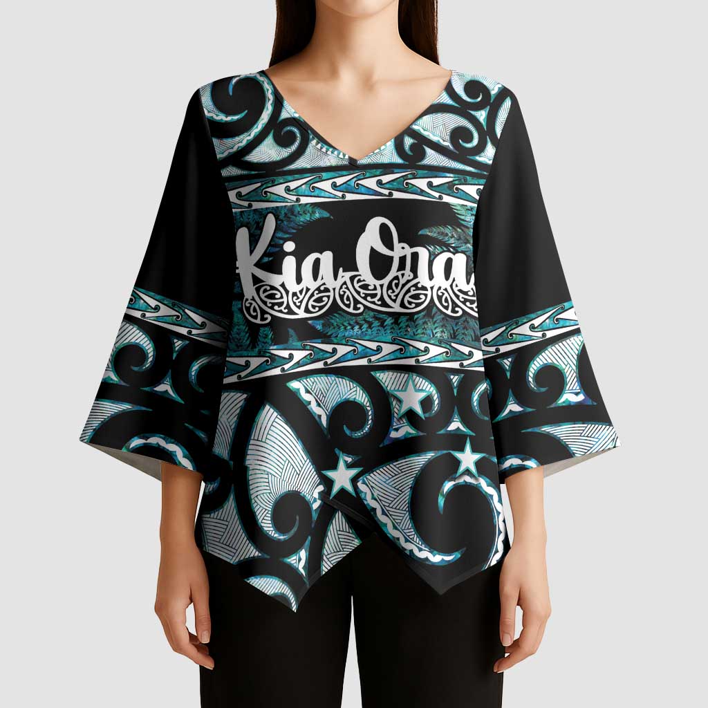 Kia Ora New Zealand Kimono Sleeve Blouse Aotearoa Proud Maori Paua Shell Silver Fern - Polynesian Pride