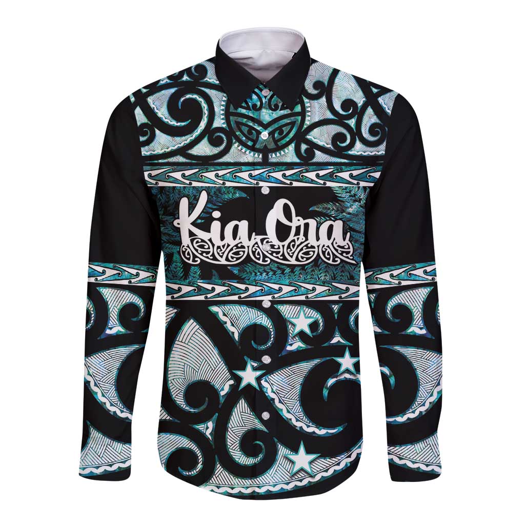 Kia Ora New Zealand Long Sleeve Button Shirt Aotearoa Proud Maori Paua Shell Silver Fern LT14 Unisex Black - Polynesian Pride