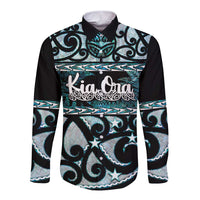 Kia Ora New Zealand Long Sleeve Button Shirt Aotearoa Proud Maori Paua Shell Silver Fern LT14 Unisex Black - Polynesian Pride