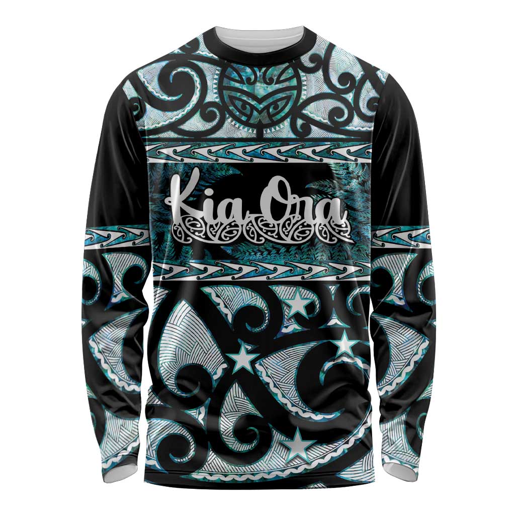 Kia Ora New Zealand Long Sleeve Shirt Aotearoa Proud Maori Paua Shell Silver Fern LT14 Unisex Black - Polynesian Pride