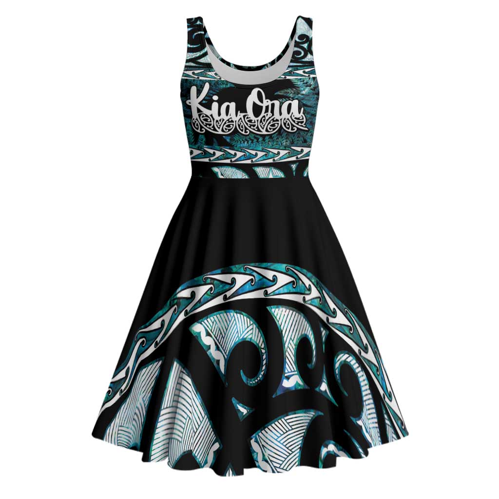 Kia Ora New Zealand Midi Dress Aotearoa Proud Maori Paua Shell Silver Fern LT14 Black - Polynesian Pride