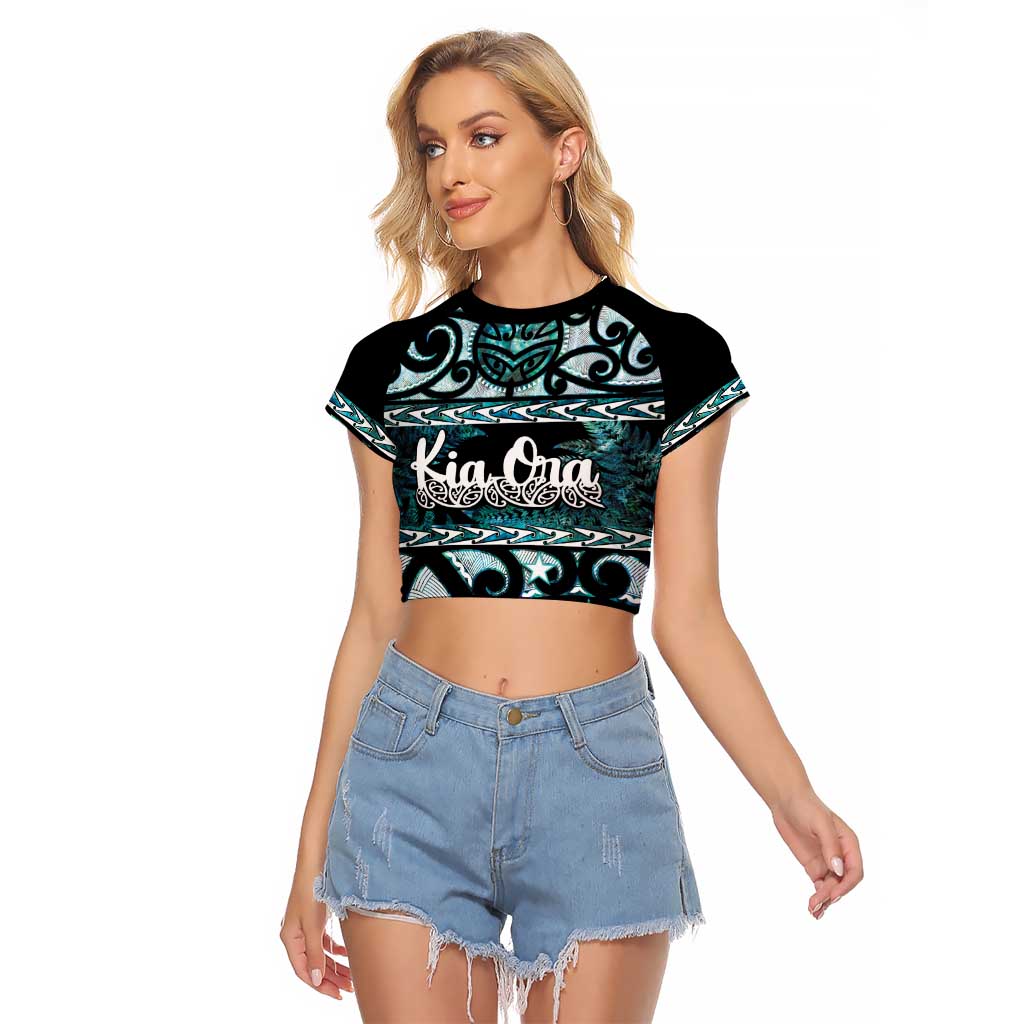Kia Ora New Zealand Raglan Cropped T Shirt Aotearoa Proud Maori Paua Shell Silver Fern LT14 Female Black - Polynesian Pride