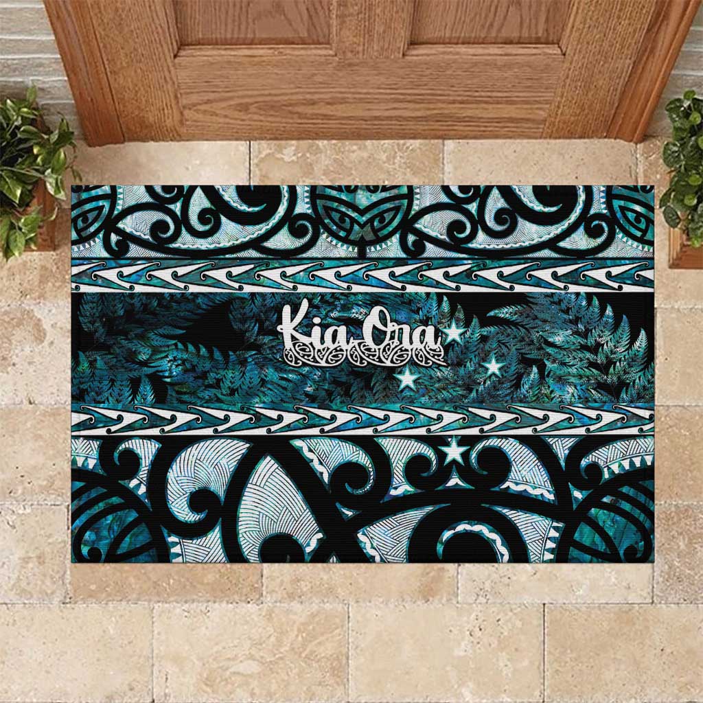 Kia Ora New Zealand Rubber Doormat Aotearoa Proud Maori Paua Shell Silver Fern LT14 Black - Polynesian Pride