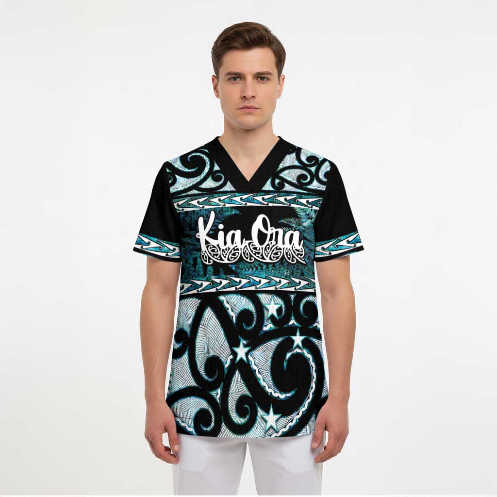 Kia Ora New Zealand Scrub Top Aotearoa Proud Maori Paua Shell Silver Fern - Polynesian Pride