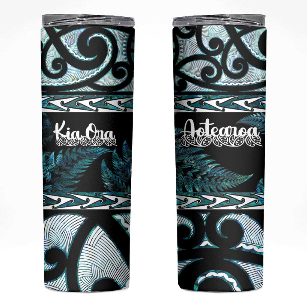 Kia Ora New Zealand Skinny Tumbler Aotearoa Proud Maori Paua Shell Silver Fern LT14 Black - Polynesian Pride