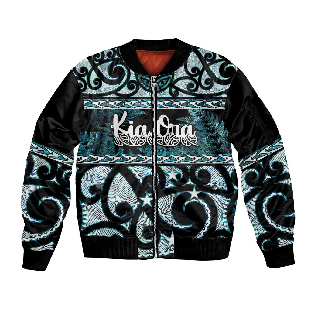 Kia Ora New Zealand Sleeve Zip Bomber Jacket Aotearoa Proud Maori Paua Shell Silver Fern LT14 Unisex Black - Polynesian Pride
