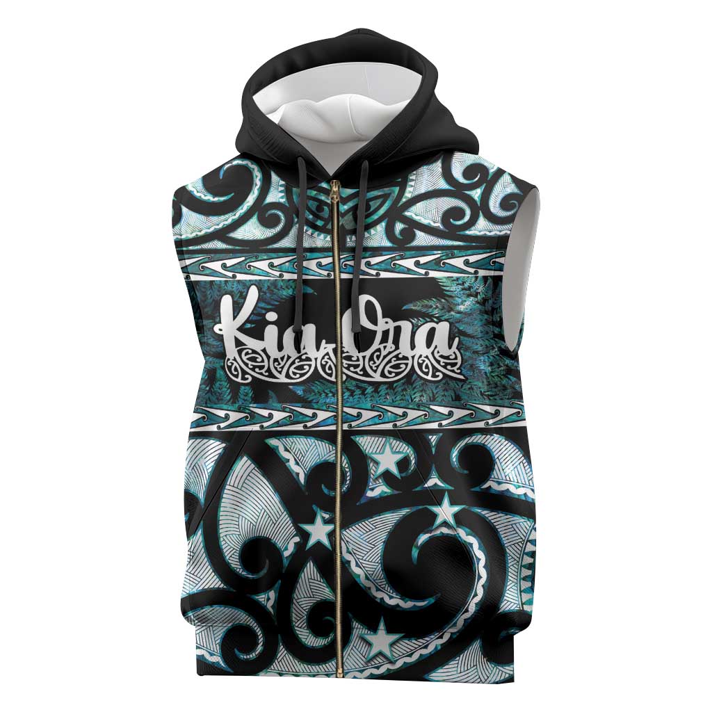 Kia Ora New Zealand Sleeveless Zip Hoodie Aotearoa Proud Maori Paua Shell Silver Fern - Polynesian Pride