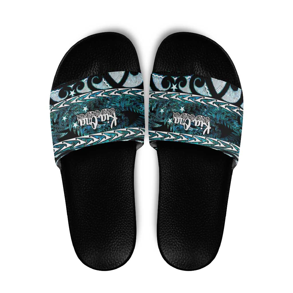 Kia Ora New Zealand Slide Sandals Aotearoa Proud Maori Paua Shell Silver Fern LT14 Black - Polynesian Pride
