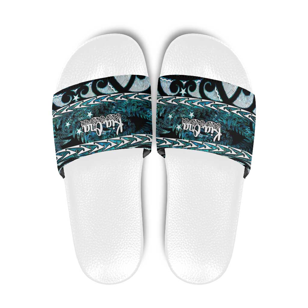 Kia Ora New Zealand Slide Sandals Aotearoa Proud Maori Paua Shell Silver Fern LT14 Black - Polynesian Pride