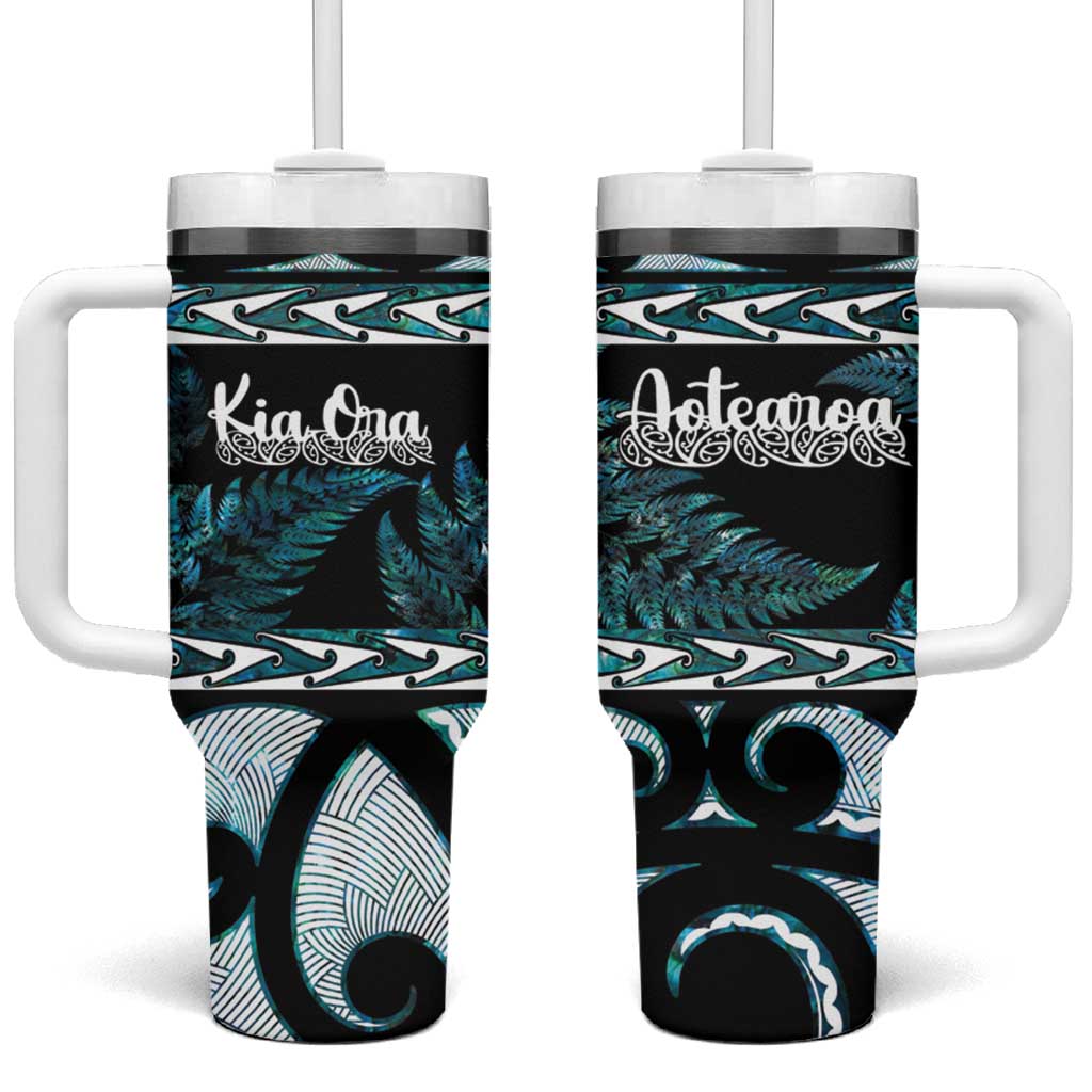 Kia Ora New Zealand Tumbler With Handle Aotearoa Proud Maori Paua Shell Silver Fern LT14 One Size: 40 oz Black - Polynesian Pride