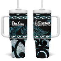 Kia Ora New Zealand Tumbler With Handle Aotearoa Proud Maori Paua Shell Silver Fern LT14 One Size: 40 oz Black - Polynesian Pride