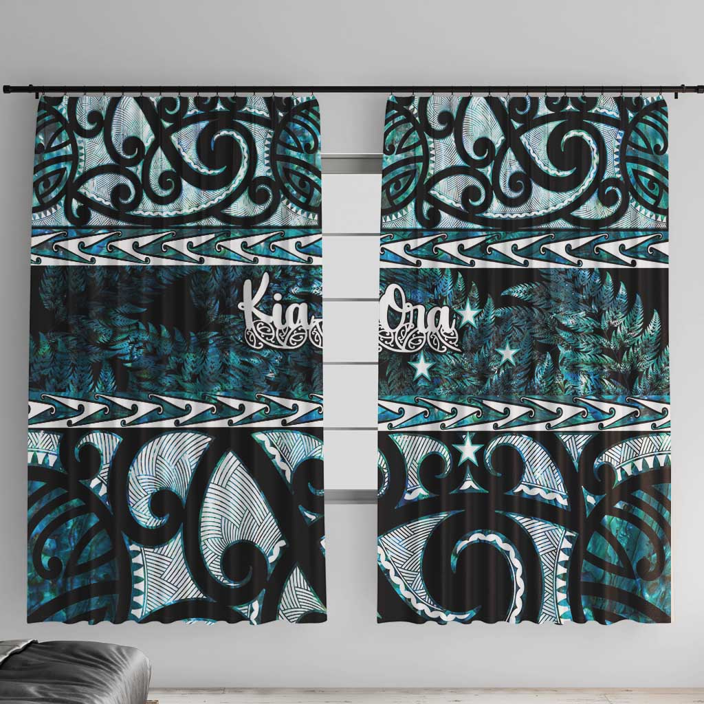 Kia Ora New Zealand Window Curtain Aotearoa Proud Maori Paua Shell Silver Fern LT14 With Hooks Black - Polynesian Pride