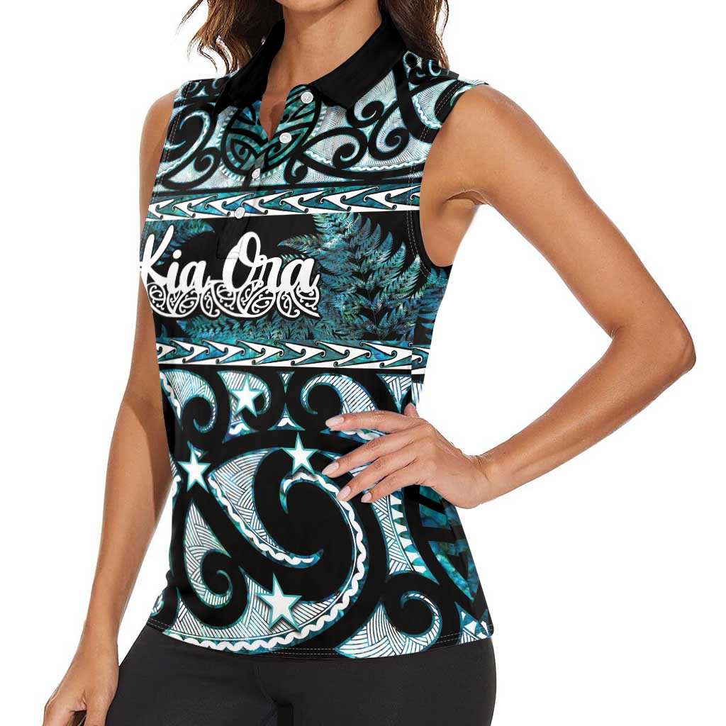 Kia Ora New Zealand Women Sleeveless Polo Shirt Aotearoa Proud Maori Paua Shell Silver Fern - Polynesian Pride