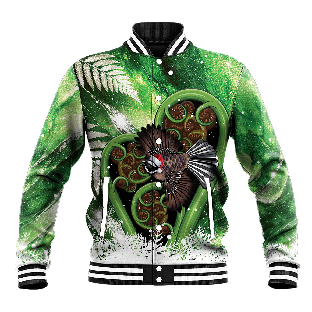Piwakawaka New Zealand Christmas In July Baseball Jacket NZ Aroha Koru Fern Marble Vibes LT14 Unisex Green - Polynesian Pride