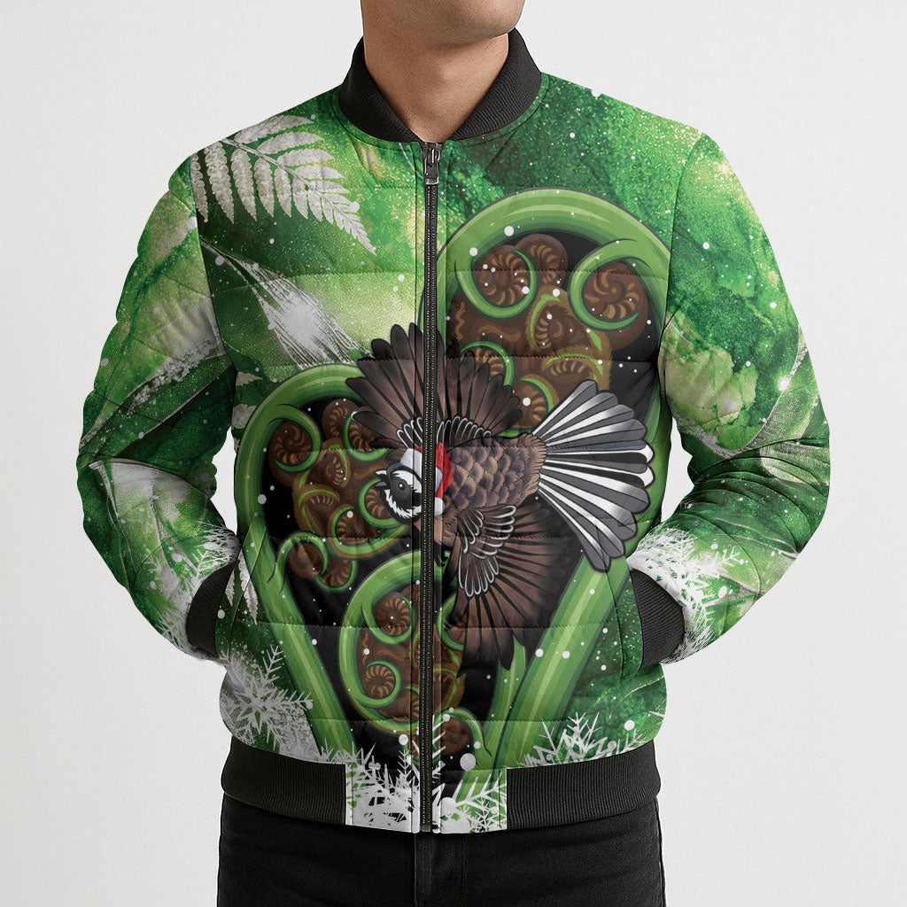 Piwakawaka New Zealand Christmas In July Bomber Puffer Jacket NZ Aroha Koru Fern Marble Vibes LT14 - Polynesian Pride