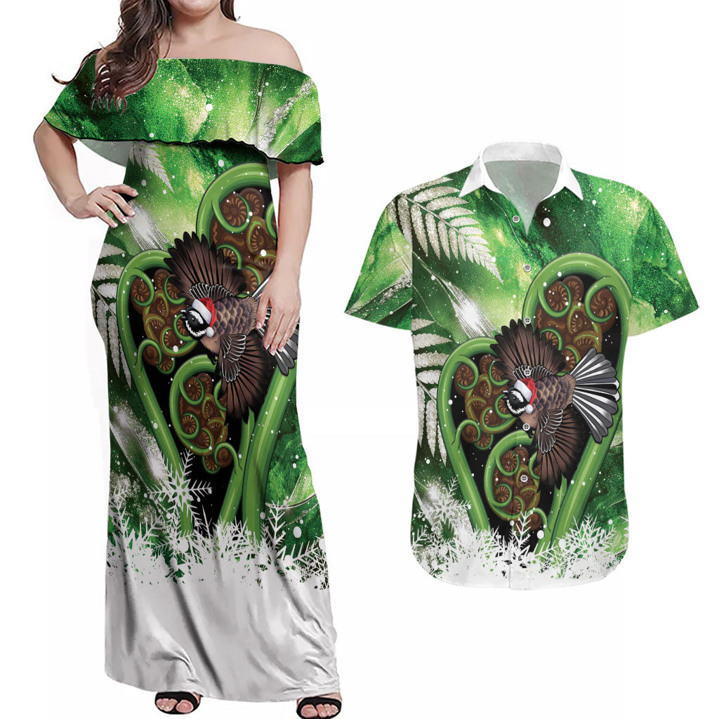 Piwakawaka New Zealand Christmas In July Couples Matching Off Shoulder Maxi Dress and Hawaiian Shirt NZ Aroha Koru Fern Marble Vibes LT14 Green - Polynesian Pride