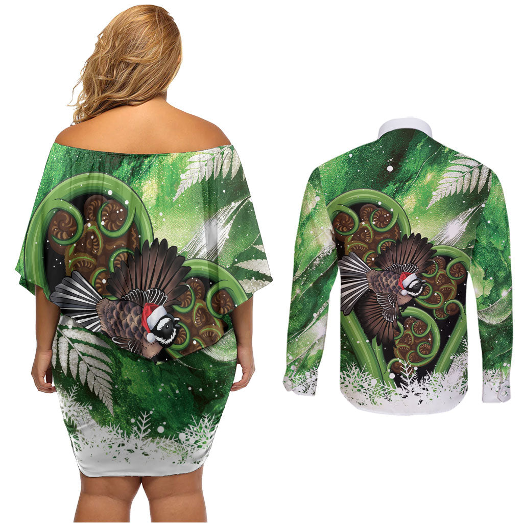 Piwakawaka New Zealand Christmas In July Couples Matching Off Shoulder Short Dress and Long Sleeve Button Shirt NZ Aroha Koru Fern Marble Vibes LT14 - Polynesian Pride