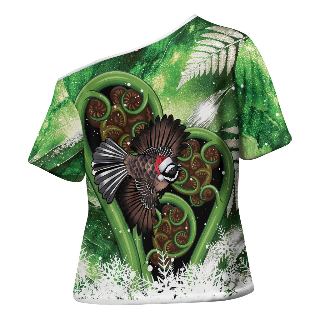 Piwakawaka New Zealand Christmas In July Cross Shoulder Shirt NZ Aroha Koru Fern Marble Vibes LT14 - Polynesian Pride