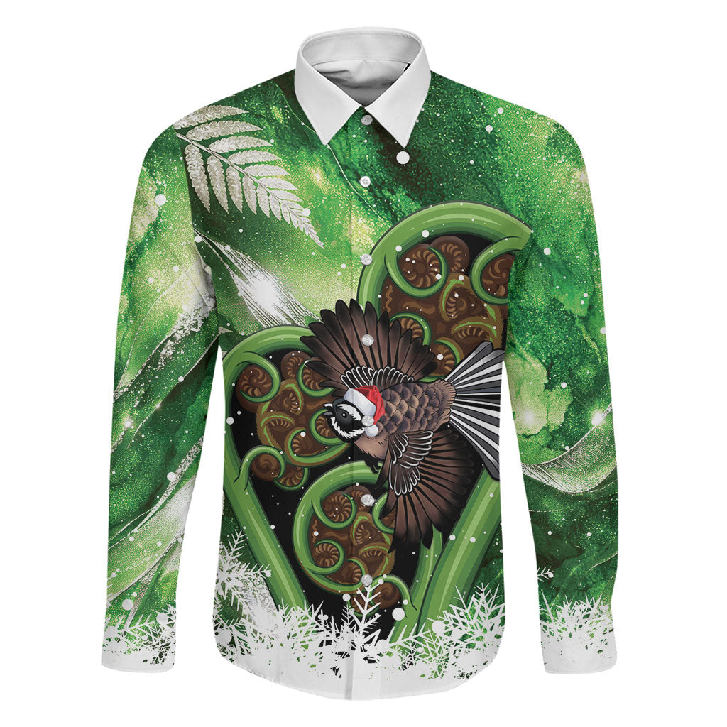 Piwakawaka New Zealand Christmas In July Family Matching Off The Shoulder Long Sleeve Dress and Hawaiian Shirt NZ Aroha Koru Fern Marble Vibes LT14 Dad's Shirt - Long Sleeve Green - Polynesian Pride