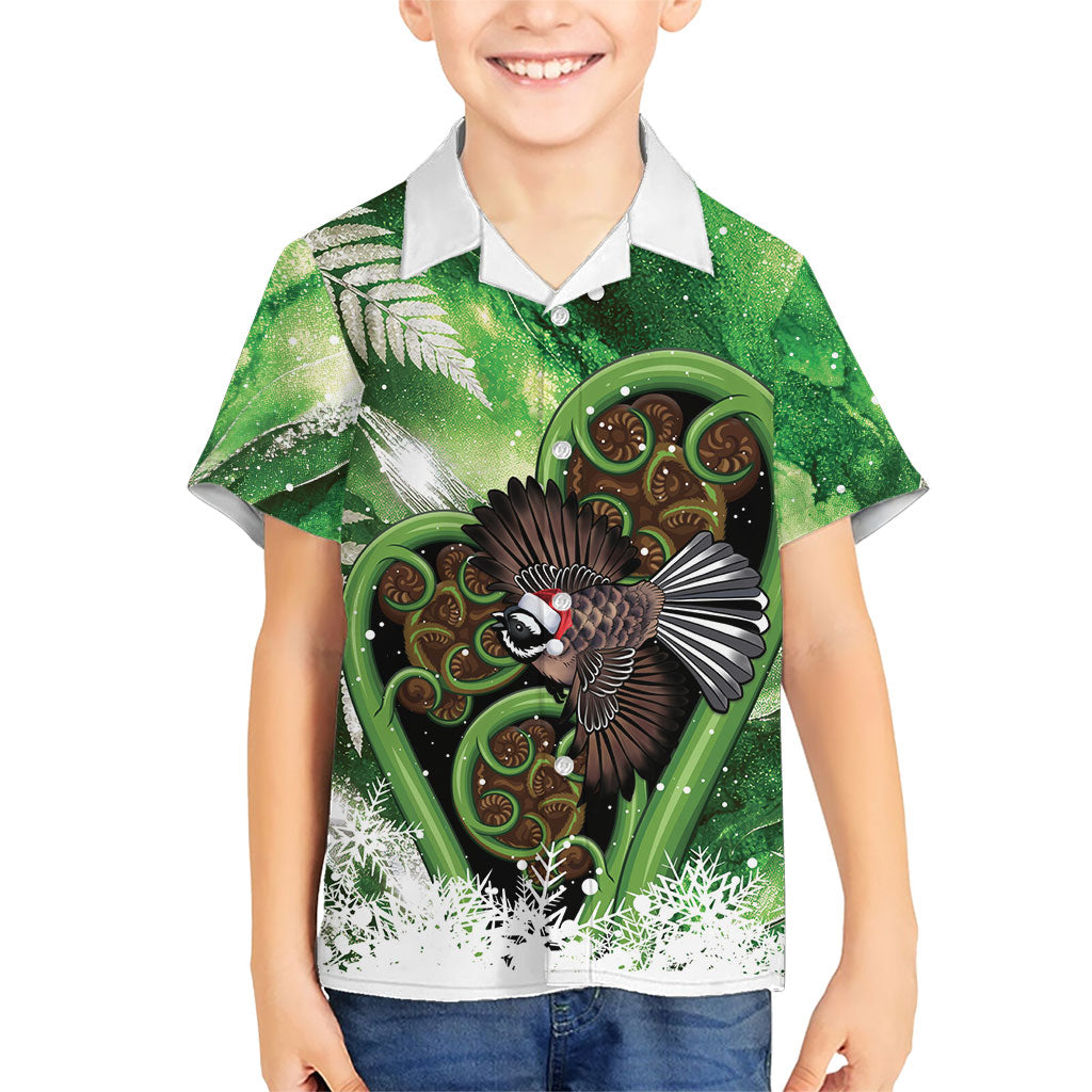Piwakawaka New Zealand Christmas In July Family Matching Off The Shoulder Long Sleeve Dress and Hawaiian Shirt NZ Aroha Koru Fern Marble Vibes LT14 Son's Shirt Green - Polynesian Pride
