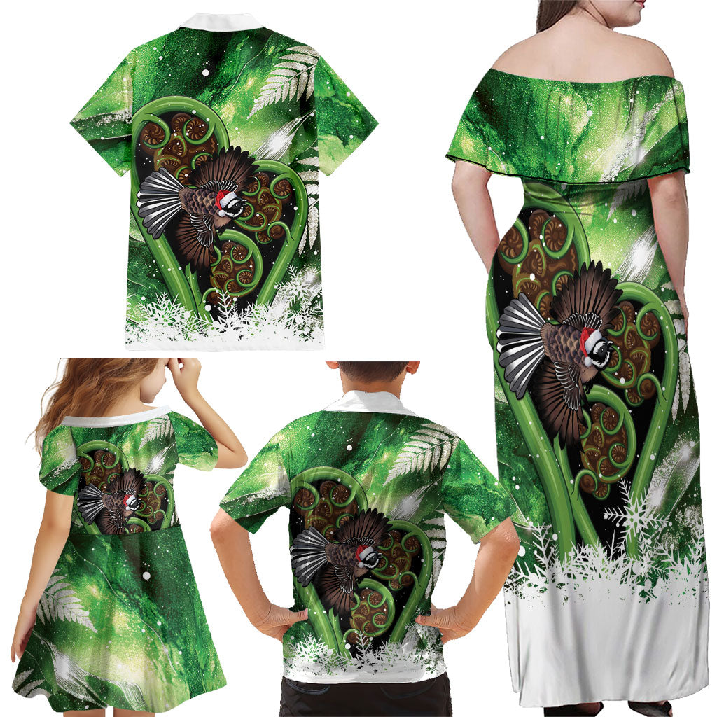 Piwakawaka New Zealand Christmas In July Family Matching Off Shoulder Maxi Dress and Hawaiian Shirt NZ Aroha Koru Fern Marble Vibes LT14 - Polynesian Pride