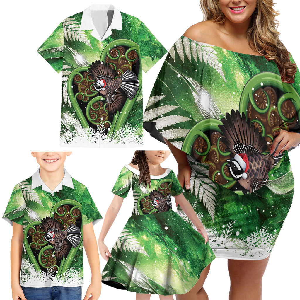Piwakawaka New Zealand Christmas In July Family Matching Off Shoulder Short Dress and Hawaiian Shirt NZ Aroha Koru Fern Marble Vibes