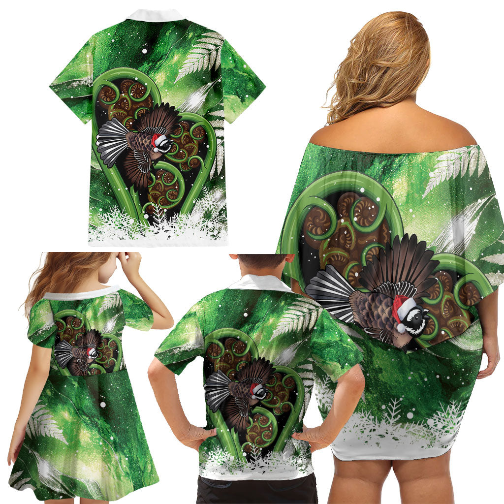 Piwakawaka New Zealand Christmas In July Family Matching Off Shoulder Short Dress and Hawaiian Shirt NZ Aroha Koru Fern Marble Vibes LT14 - Polynesian Pride