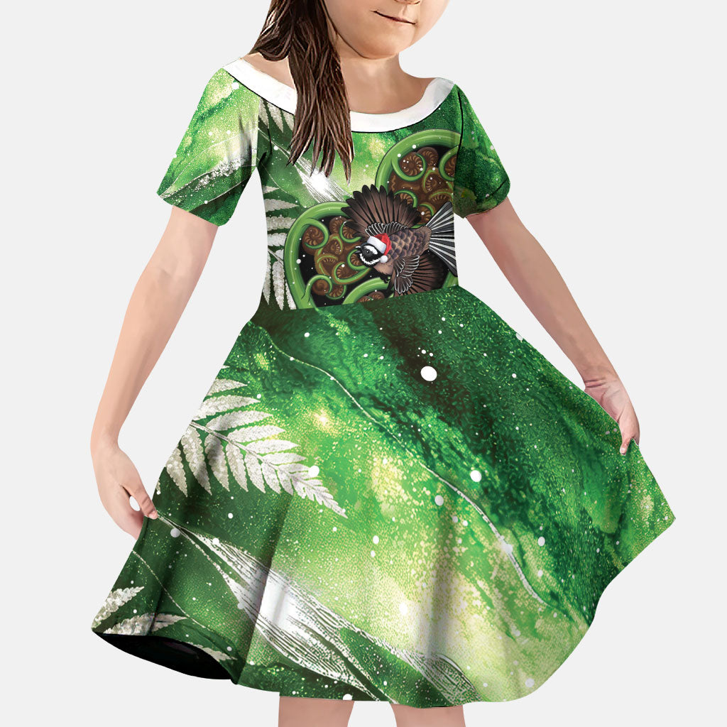 Piwakawaka New Zealand Christmas In July Family Matching Puletasi and Hawaiian Shirt NZ Aroha Koru Fern Marble Vibes LT14 Daughter's Dress Green - Polynesian Pride