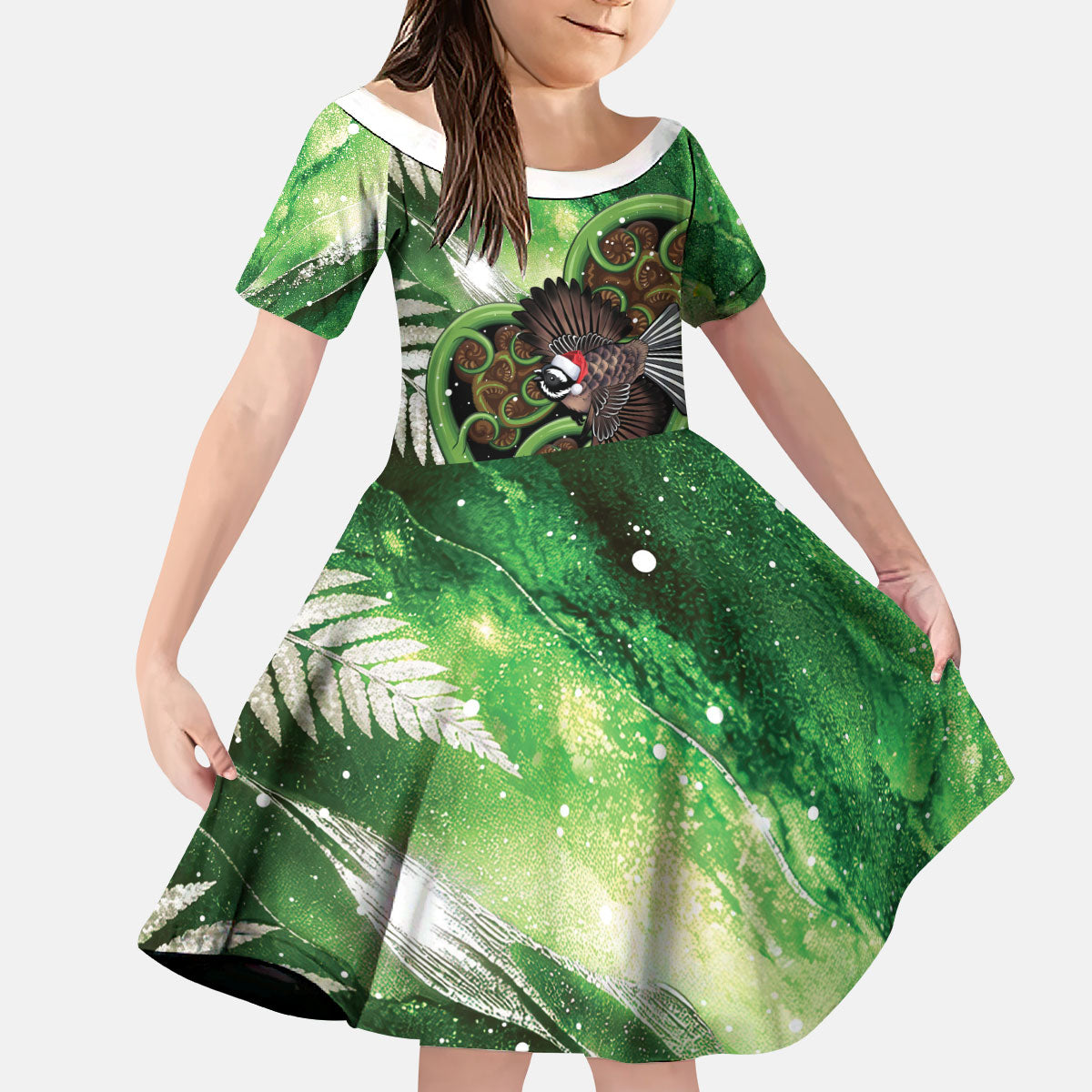 Piwakawaka New Zealand Christmas In July Kid Short Sleeve Dress NZ Aroha Koru Fern Marble Vibes LT14 KID Green - Polynesian Pride