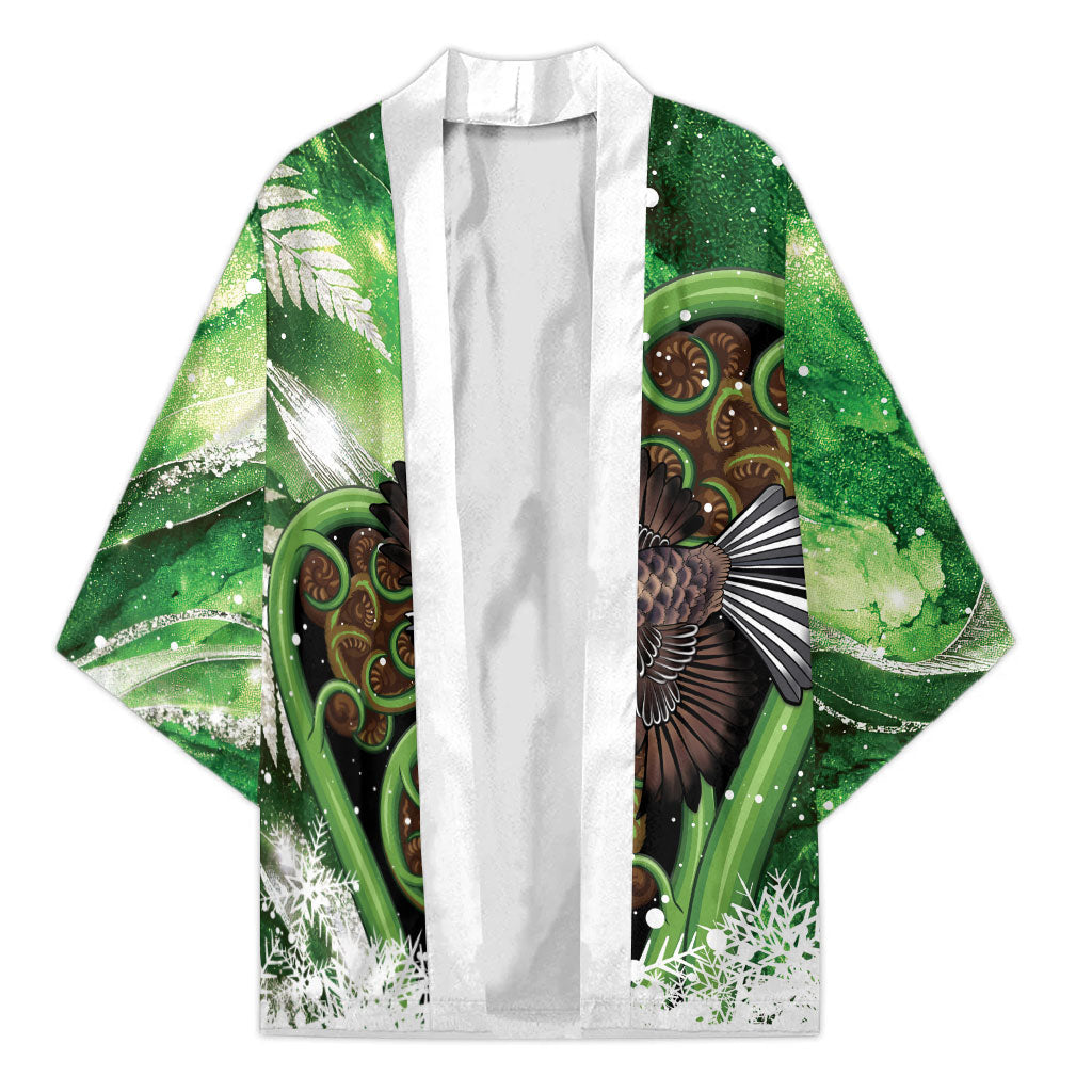 Piwakawaka New Zealand Christmas In July Kimono NZ Aroha Koru Fern Marble Vibes LT14 Unisex Green - Polynesian Pride