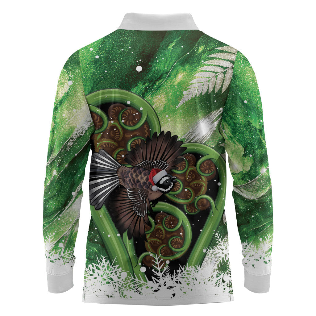 Piwakawaka New Zealand Christmas In July Long Sleeve Polo Shirt NZ Aroha Koru Fern Marble Vibes LT14 - Polynesian Pride