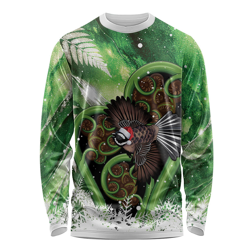 Piwakawaka New Zealand Christmas In July Long Sleeve Shirt NZ Aroha Koru Fern Marble Vibes LT14 Unisex Green - Polynesian Pride