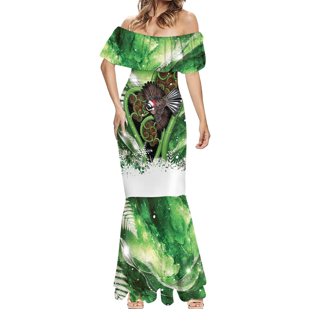 Piwakawaka New Zealand Christmas In July Mermaid Dress NZ Aroha Koru Fern Marble Vibes LT14 - Polynesian Pride