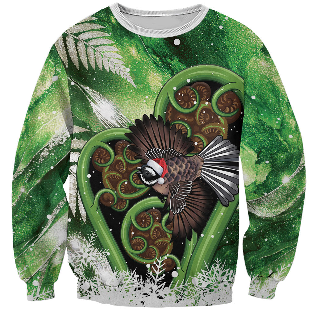 Piwakawaka New Zealand Christmas In July Sweatshirt NZ Aroha Koru Fern Marble Vibes LT14 Unisex Green - Polynesian Pride