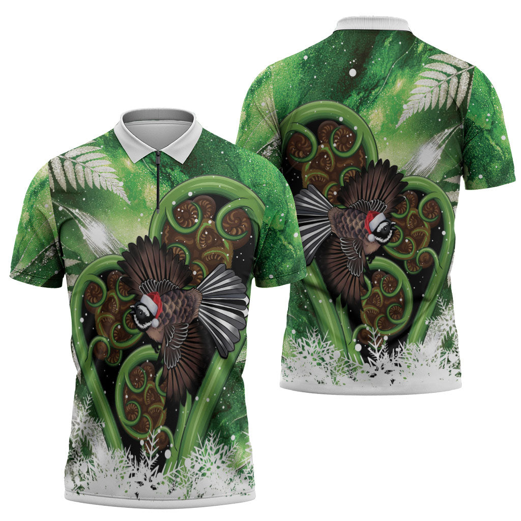 Piwakawaka New Zealand Christmas In July Zipper Polo Shirt NZ Aroha Koru Fern Marble Vibes LT14 - Polynesian Pride