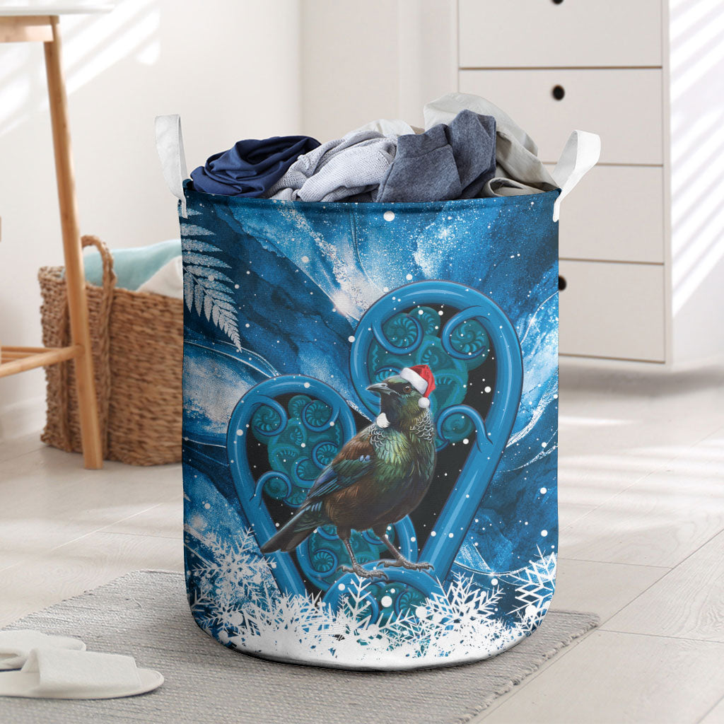 Tui Bird New Zealand Christmas In July Laundry Basket NZ Aroha Koru Fern Marble Vibes LT14 Blue - Polynesian Pride