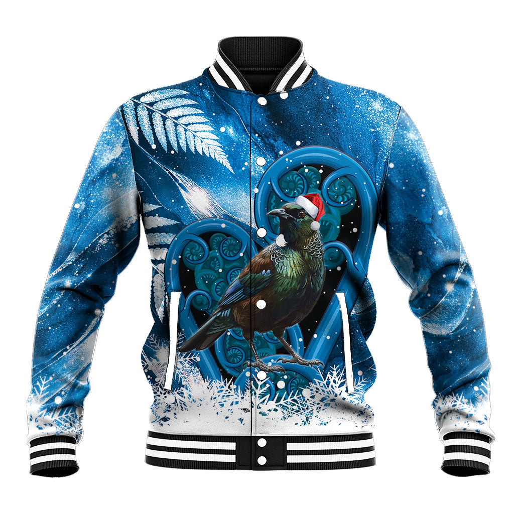 Tui Bird New Zealand Christmas In July Baseball Jacket NZ Aroha Koru Fern Marble Vibes LT14 Unisex Blue - Polynesian Pride