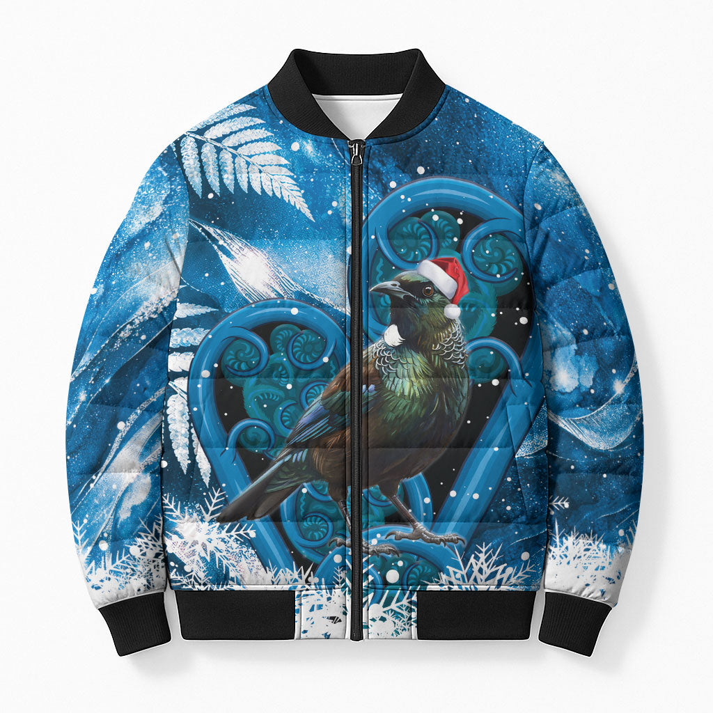 Tui Bird New Zealand Christmas In July Bomber Puffer Jacket NZ Aroha Koru Fern Marble Vibes LT14 Unisex Blue - Polynesian Pride