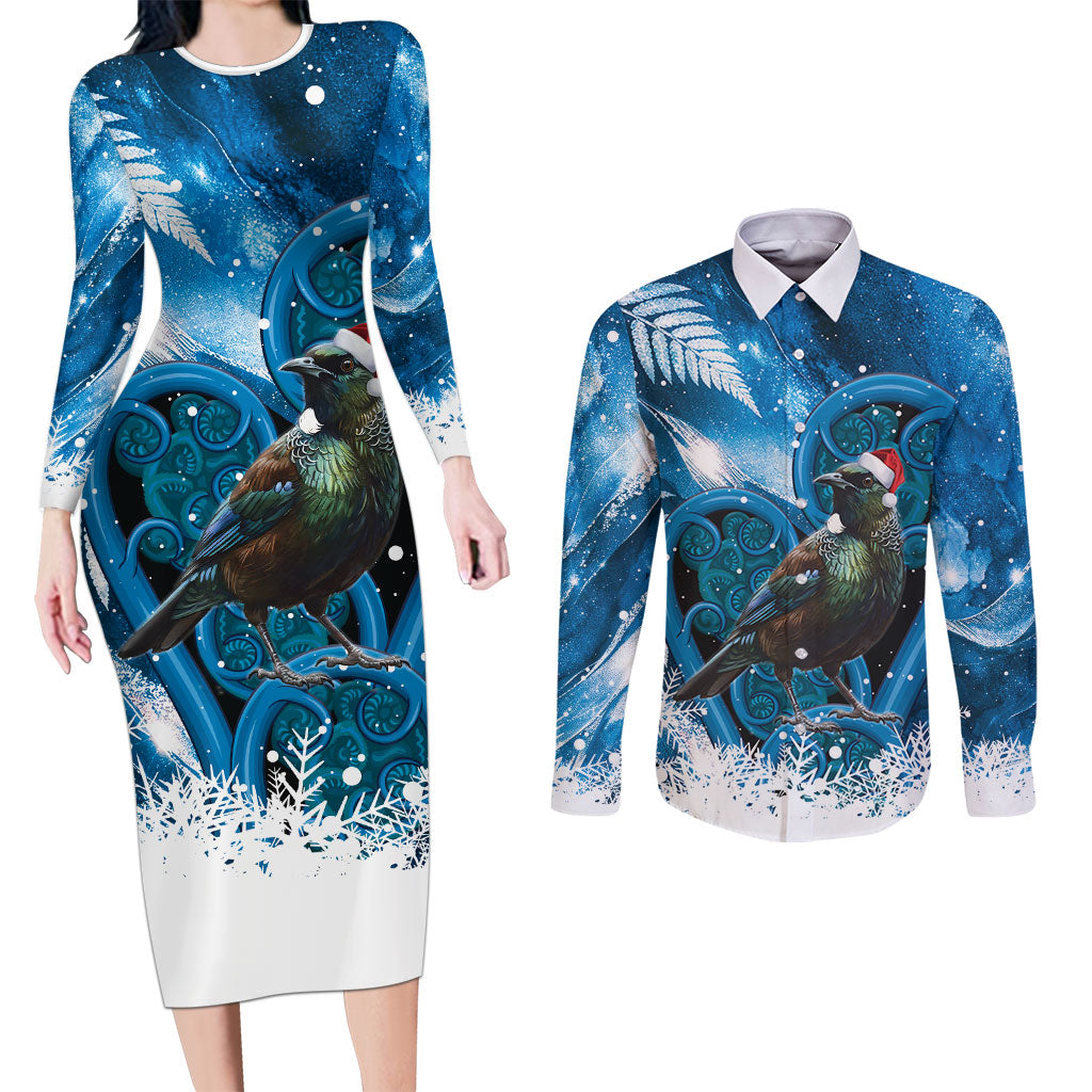 Tui Bird New Zealand Christmas In July Couples Matching Long Sleeve Bodycon Dress and Long Sleeve Button Shirt NZ Aroha Koru Fern Marble Vibes LT14 Blue - Polynesian Pride