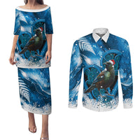 Tui Bird New Zealand Christmas In July Couples Matching Puletasi and Long Sleeve Button Shirt NZ Aroha Koru Fern Marble Vibes LT14 Blue - Polynesian Pride