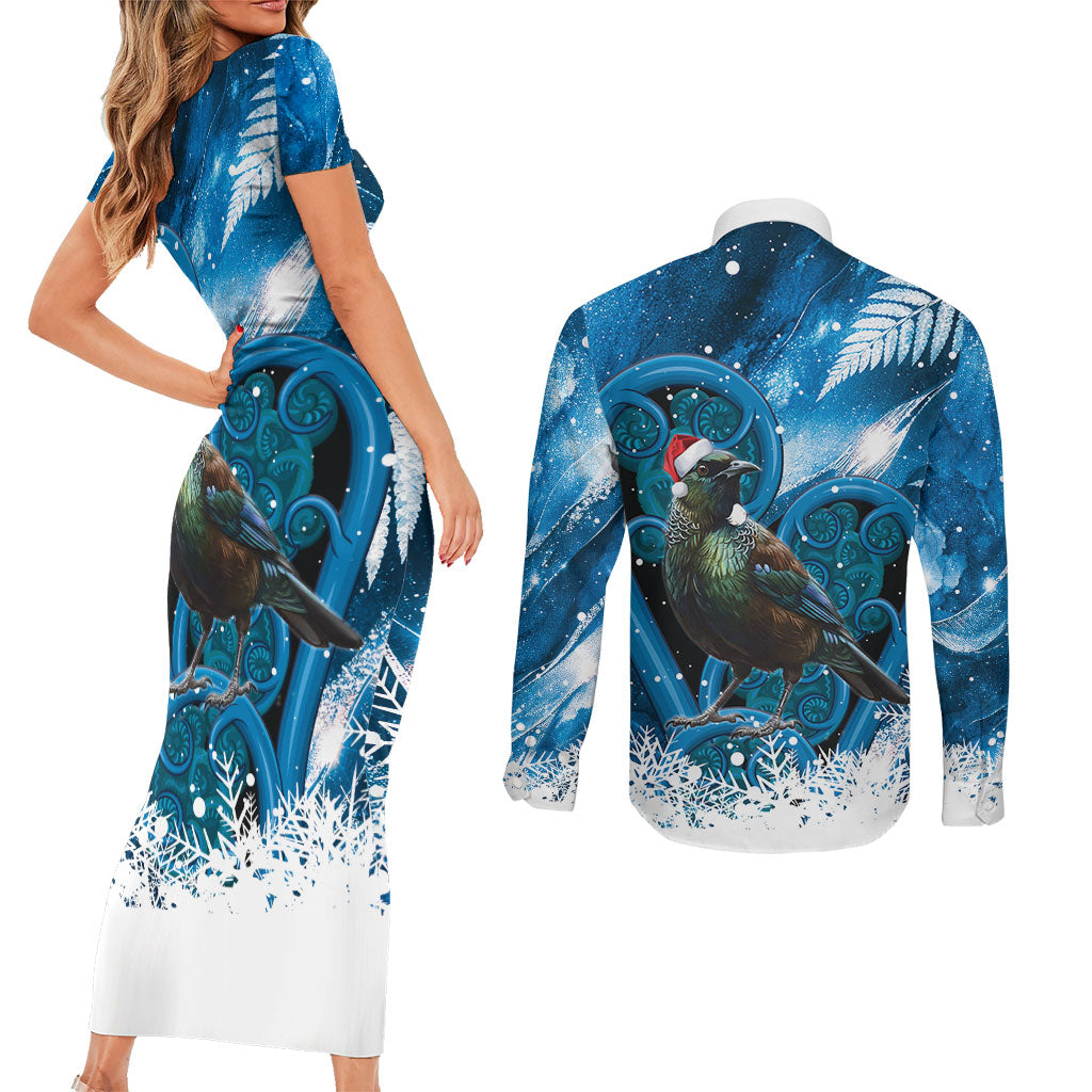 Tui Bird New Zealand Christmas In July Couples Matching Short Sleeve Bodycon Dress and Long Sleeve Button Shirt NZ Aroha Koru Fern Marble Vibes LT14 - Polynesian Pride
