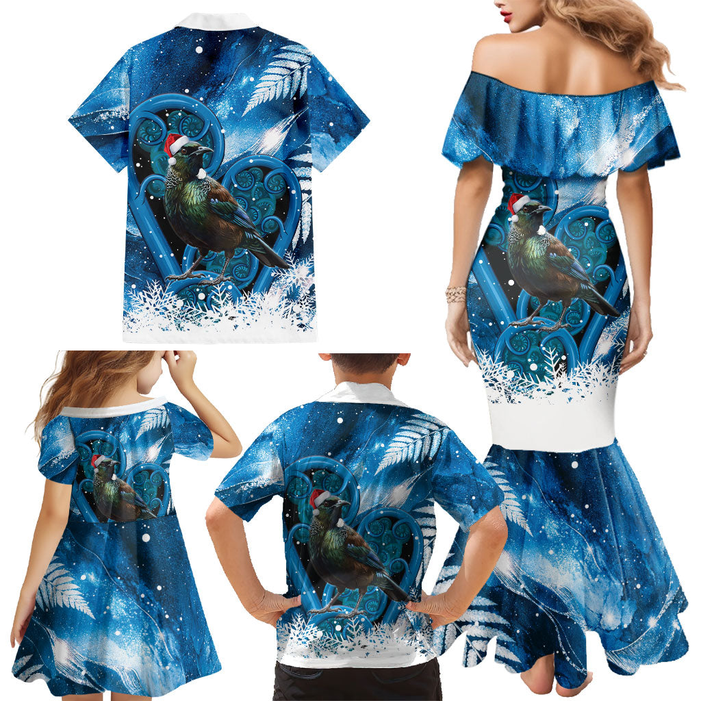 Tui Bird New Zealand Christmas In July Family Matching Mermaid Dress and Hawaiian Shirt NZ Aroha Koru Fern Marble Vibes LT14 - Polynesian Pride
