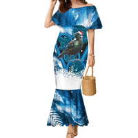 Tui Bird New Zealand Christmas In July Family Matching Mermaid Dress and Hawaiian Shirt NZ Aroha Koru Fern Marble Vibes LT14 Mom's Dress Blue - Polynesian Pride