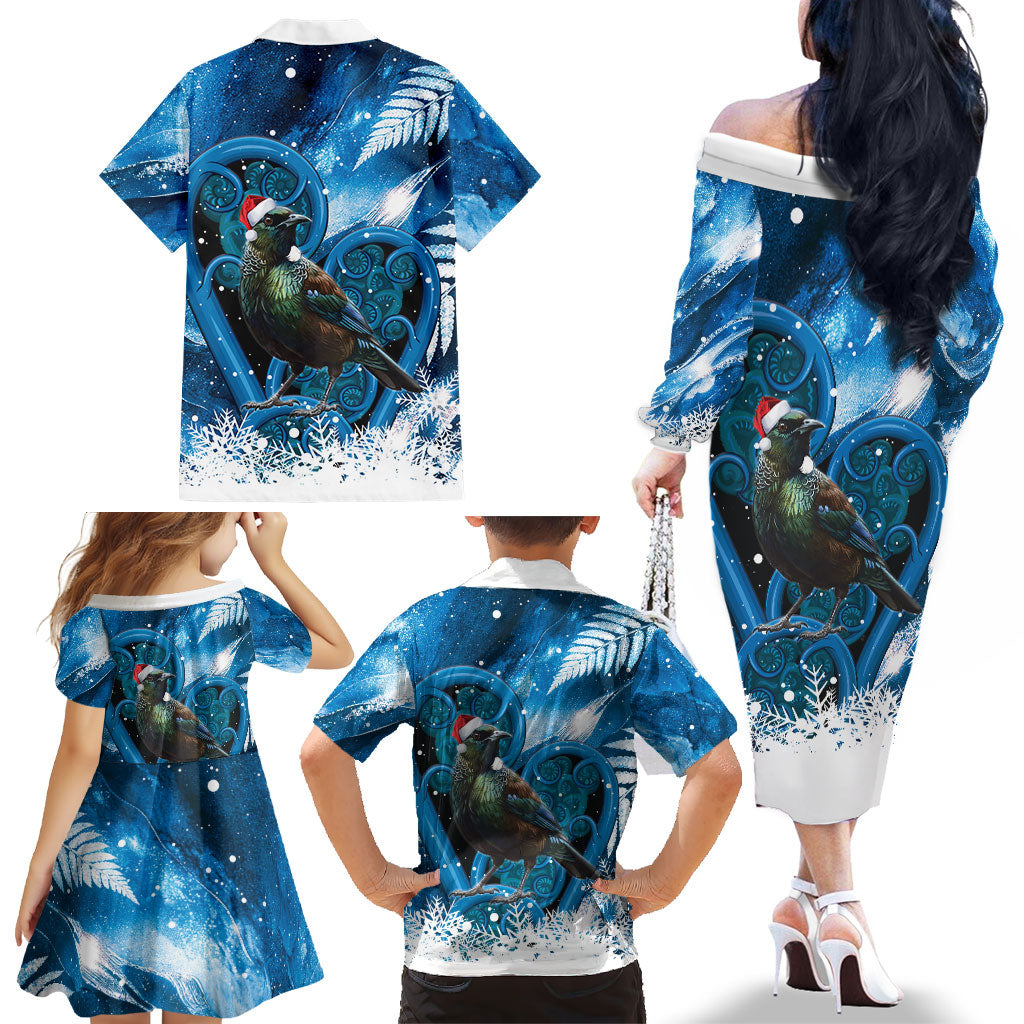 Tui Bird New Zealand Christmas In July Family Matching Off The Shoulder Long Sleeve Dress and Hawaiian Shirt NZ Aroha Koru Fern Marble Vibes LT14 - Polynesian Pride