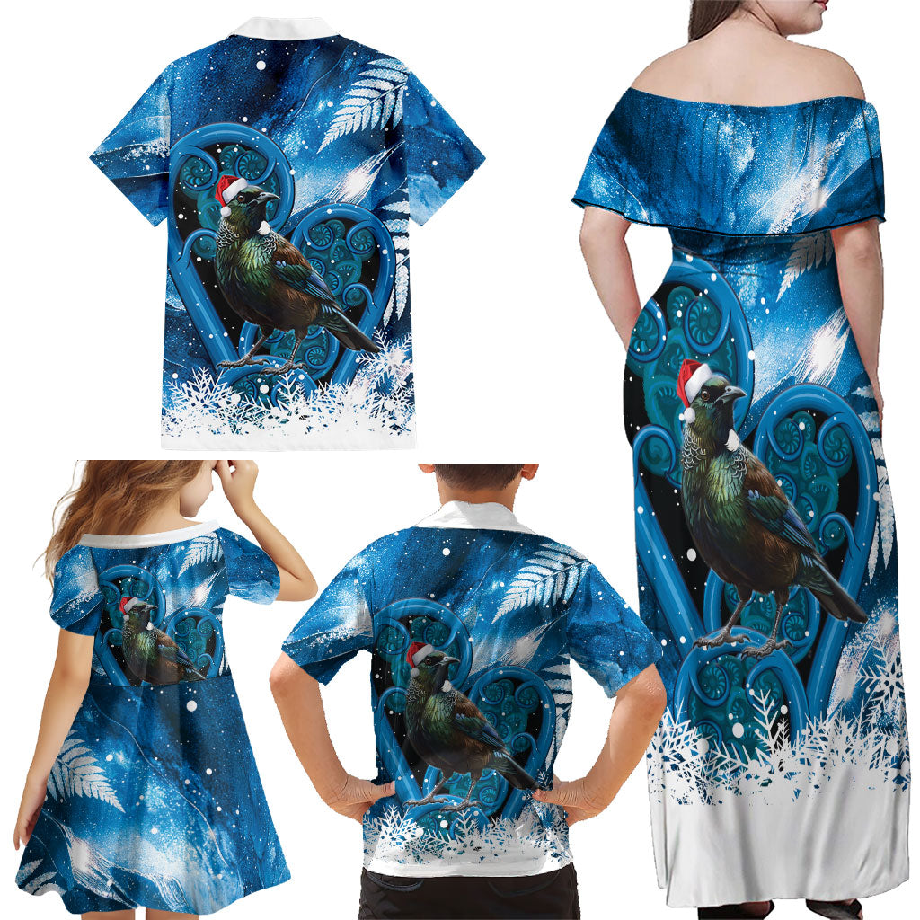 Tui Bird New Zealand Christmas In July Family Matching Off Shoulder Maxi Dress and Hawaiian Shirt NZ Aroha Koru Fern Marble Vibes LT14 - Polynesian Pride