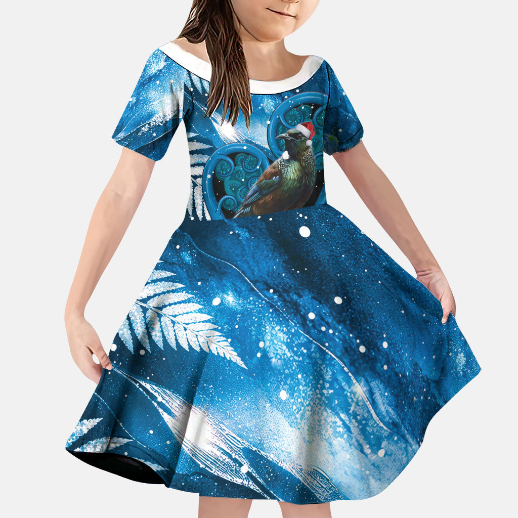 Tui Bird New Zealand Christmas In July Family Matching Off Shoulder Short Dress and Hawaiian Shirt NZ Aroha Koru Fern Marble Vibes LT14 Daughter's Dress Blue - Polynesian Pride
