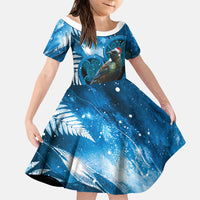 Tui Bird New Zealand Christmas In July Family Matching Short Sleeve Bodycon Dress and Hawaiian Shirt NZ Aroha Koru Fern Marble Vibes LT14 Daughter's Dress Blue - Polynesian Pride