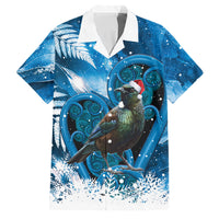 Tui Bird New Zealand Christmas In July Family Matching Tank Maxi Dress and Hawaiian Shirt NZ Aroha Koru Fern Marble Vibes LT14 Dad's Shirt - Short Sleeve Blue - Polynesian Pride