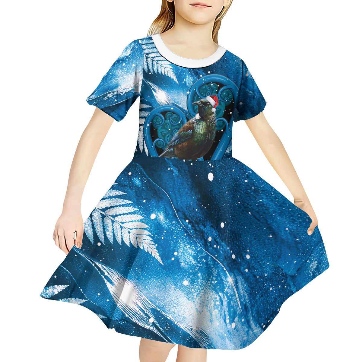 Tui Bird New Zealand Christmas In July Kid Short Sleeve Dress NZ Aroha Koru Fern Marble Vibes LT14 - Polynesian Pride